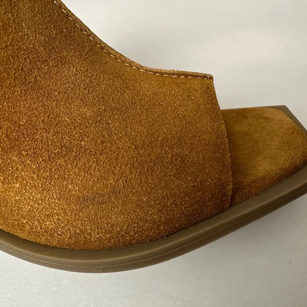 Matisse Lillie Tobacco Suede Sculpted Wedge Mules Boho Square Toe Brown Tan Sz 7